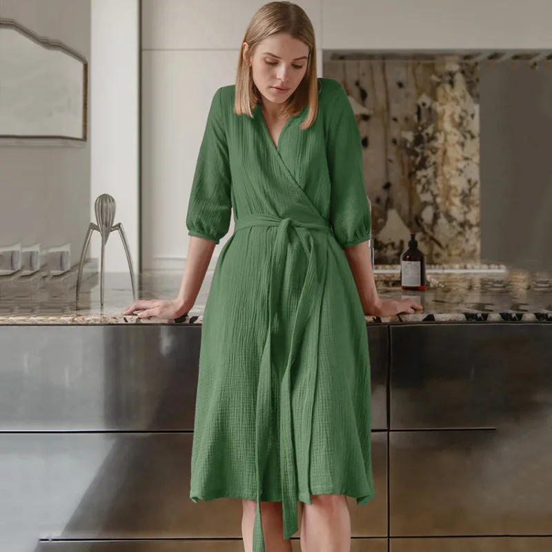 Women's Robe Pajamas Simple Loose Comfortable Bride Nightgown Five Quarter Puff Sleeves Cotton Solid Color Women's Sleepwear