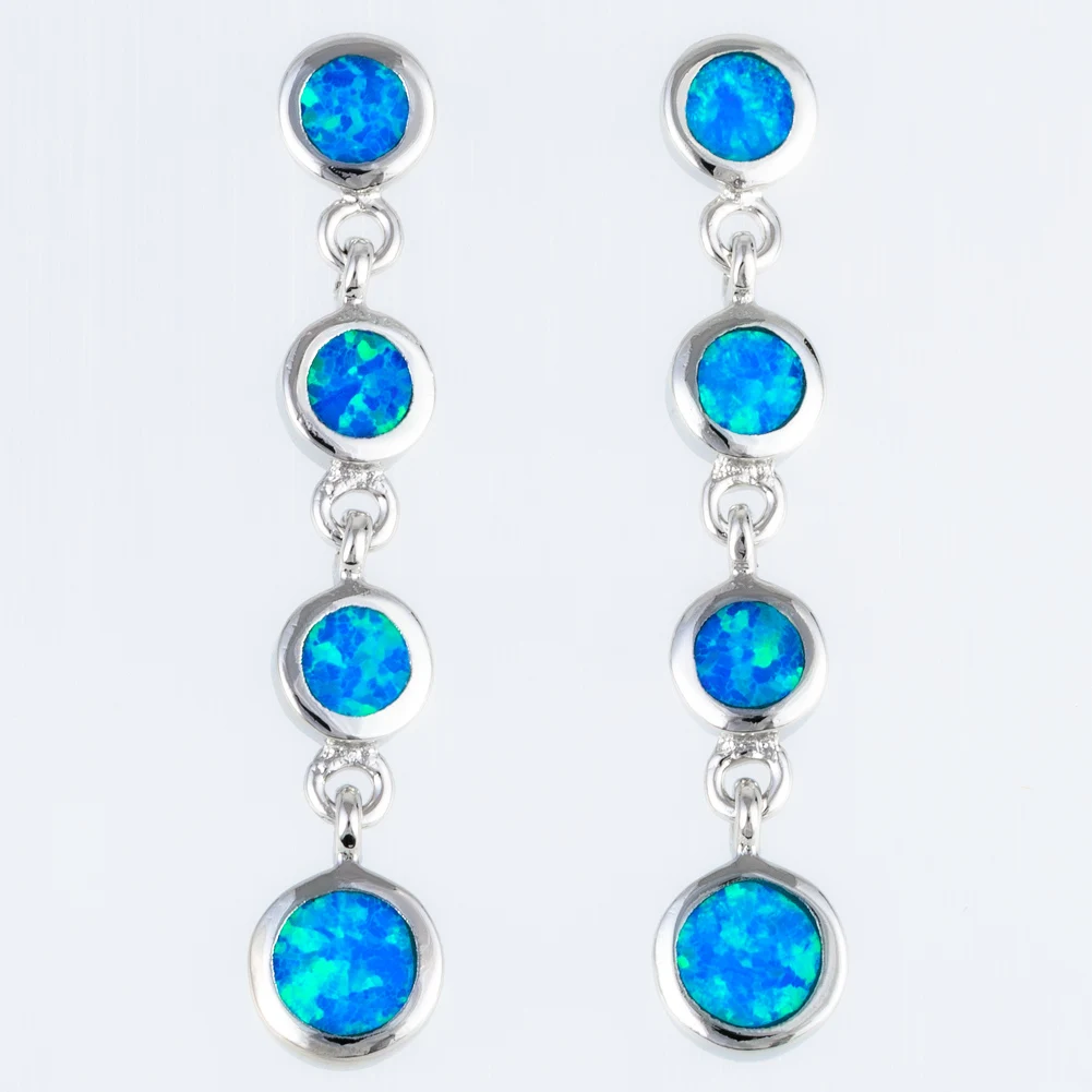 

KONGMOON 4 Round Ocean Blue Fire Opal Silver Plated Jewelry for Women Piercing Drop Earrings
