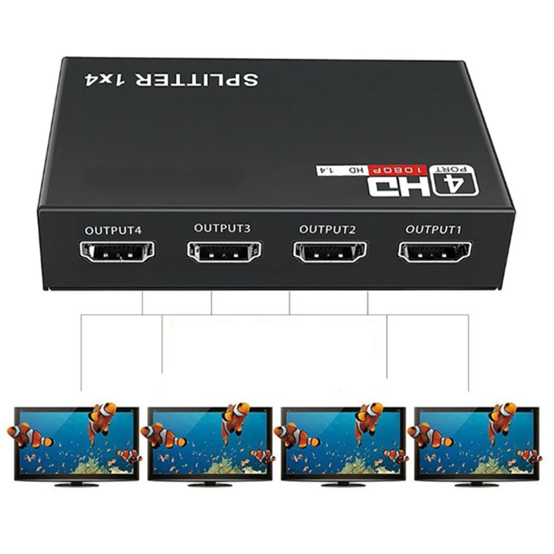 

1 x 4 HDMI-compatible Splitter Converter 1 In 4 Out HD 1.4 Splitter Amplifier HDCP 1080P Dual Display for HDTV DVD PS3 Xbox