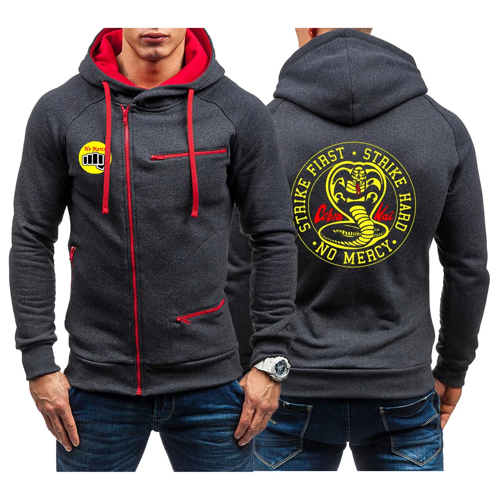 

2022 Cobra Kai No Mercy Strike First Strike Hard Mens Spring Autumn Hoodie Diagonal Zip Sweatshirt Clothing