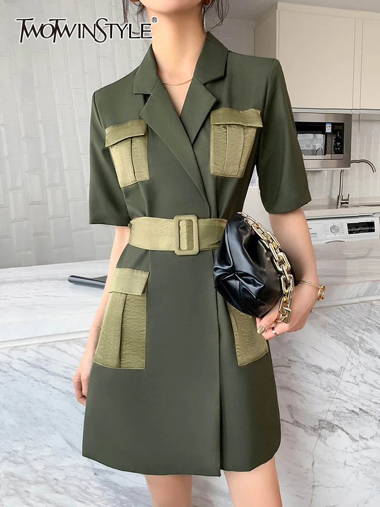 

TWOTWINSTYLE Patchwork Colorblock Dress For Women Notched Collar Short Sleeve High Waist Mini Dresses Female Summer Clothing New