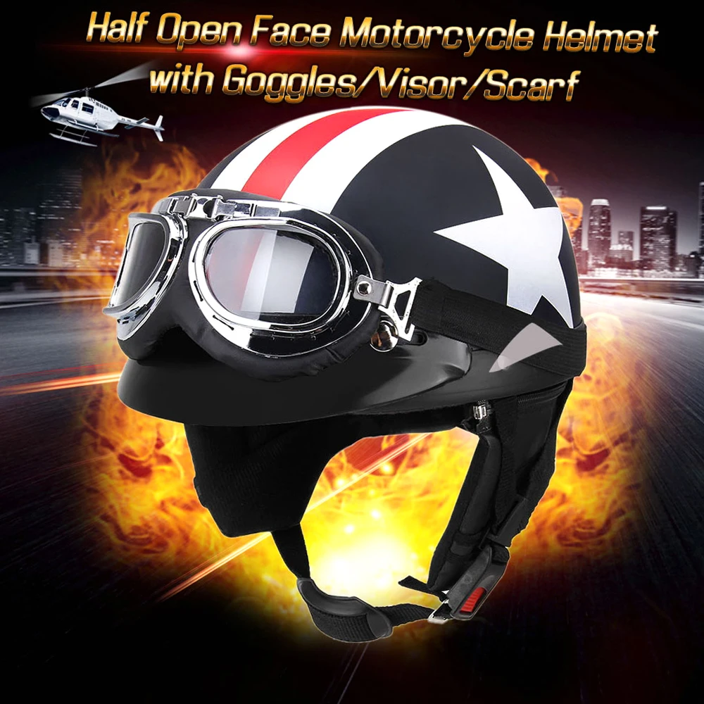 

Half Open Face Motorcycle Helmet with Goggles Visor Removable Scarf Biker Scooter Touring Helmet for Racing Riding Skating Sport