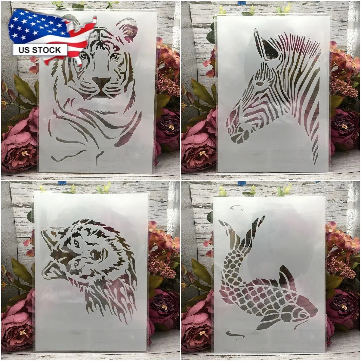 

4Pcs/Set A4 29cm Tiger Wolf Zebra Carp DIY Layering Stencils for Painting Scrapbook Coloring Embossing Album Decorative Template