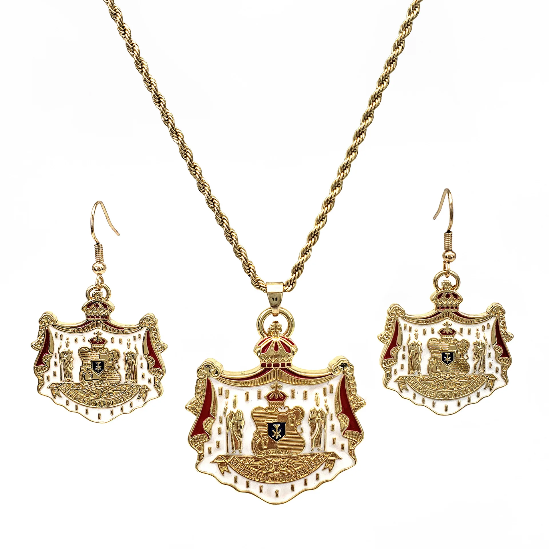 

Винтажный Гавайский Гамильтон герб оружия Латунное позолоченное ожерелье серьги две штуки островный стиль ювелирные наборы