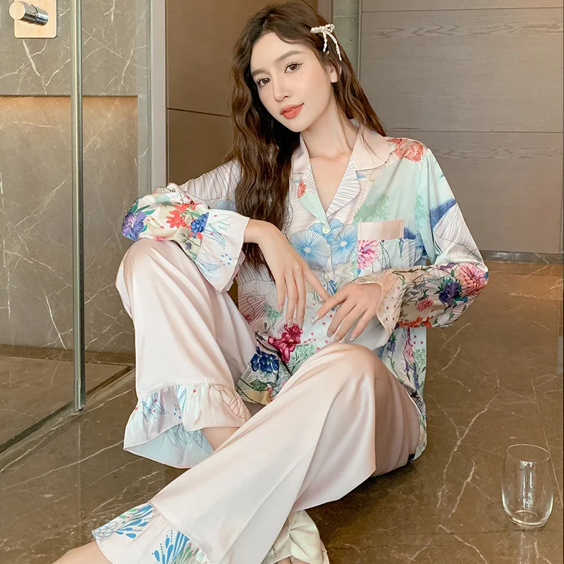 Autumn 2023 Floral Pajamas Women's Silk Long Sleeve Floral Frill Two-Piece Set Thin Homewear Suit