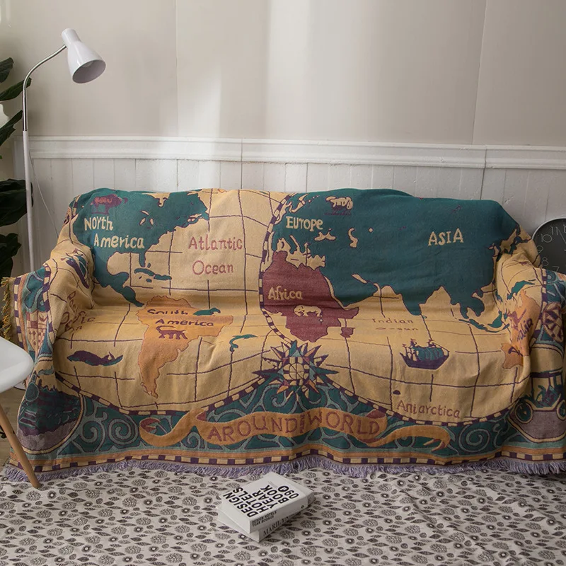 

European Cotton Knitted World Map Sofa Thread Blanket Fashion Multifunctional Double-sided Padded Sofa Cushion 130x180cm