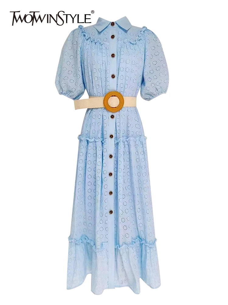 

TWOTWINSTYLE Elegant Vintage Dress For Women Lapel Short Sleeve High Waist Solid Loose Midi Dresses Female Summer Clothing Style