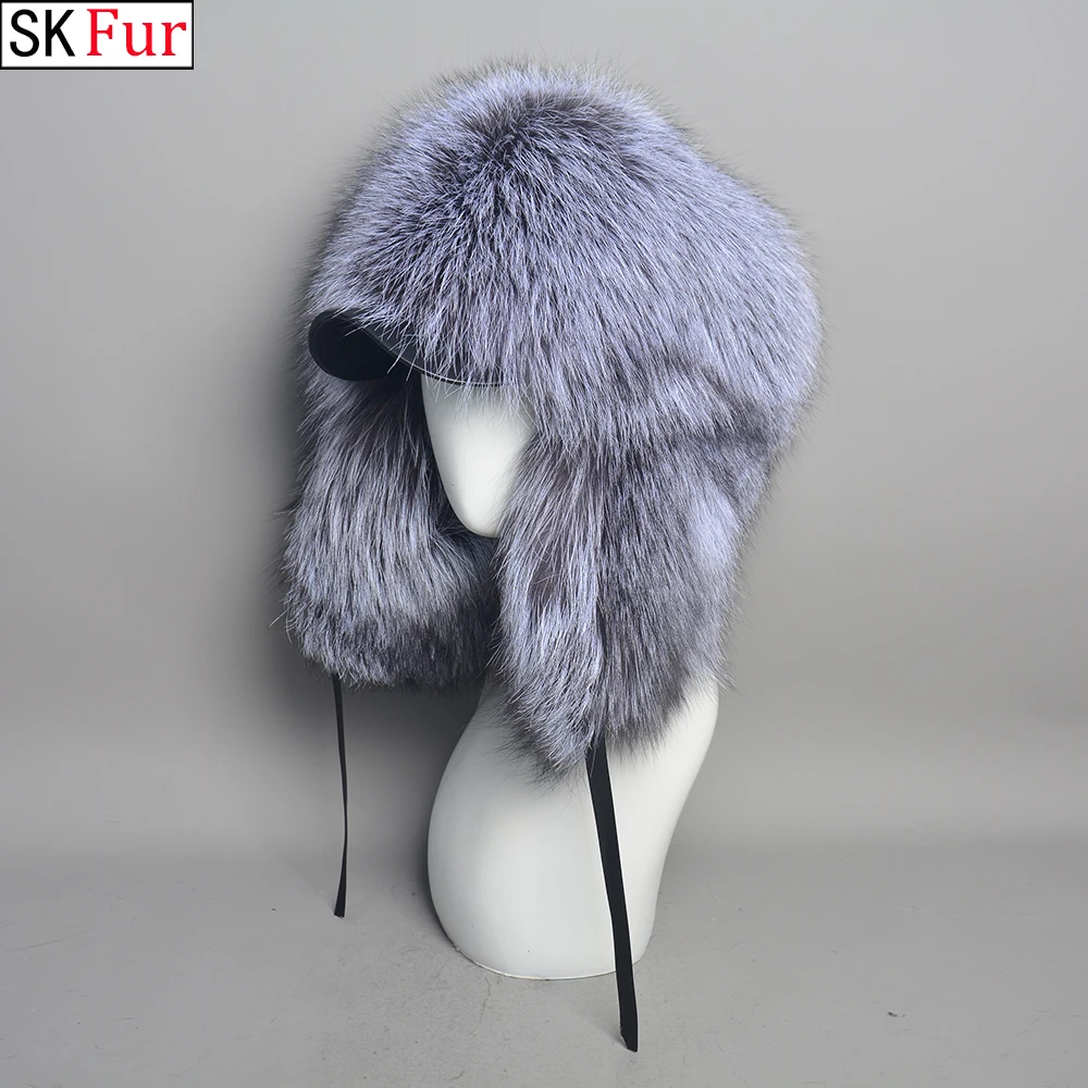 Men's 100% Real Silver Fox Fur Bomber Hat Raccoon Fur Ushanka Cap Trapper Russian Man Ski Hats Caps Real Fur