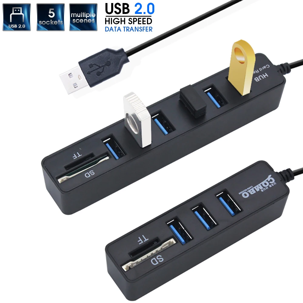 

All In One 5-ports USB COMBO Splitter for Apple 14 13 12 Pro Max Phone PC Compute USB 2.0 TF SD Card Reader High Speed Adapter