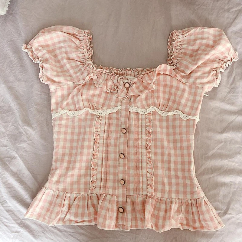 

Женская Винтажная Футболка Fairycore в клетку в стиле ретро, модель 00-90-х годов, Y2K, эстетичная Милая Кружевная футболка с оборками и низким вырез...