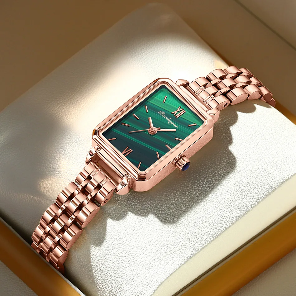 POEDAGAR Popular Simple Waterproof Women's Small Green Watch Square Quartz Solid Steel Band High Quality Belt Watch Retro Peacoc