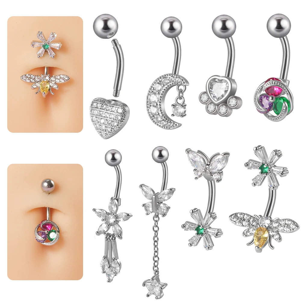 

1PC Stainless Steel New Style Heart Zircon Butterfly Moon Water Drops Curved Navel Piercing Fashion Women Body Jewelry 14G