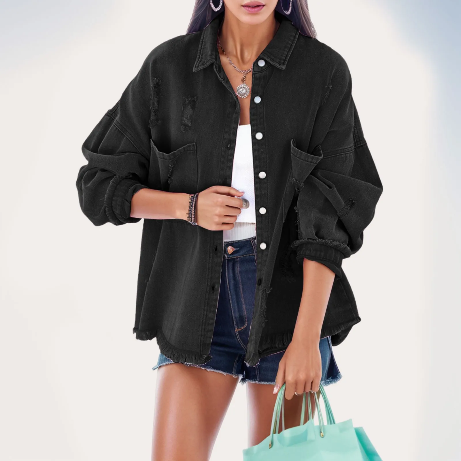

Женская рваная джинсовая куртка, модная уличная одежда, топ с отложным воротником и длинным рукавом, однобортное Свободное пальто, новинка 2023