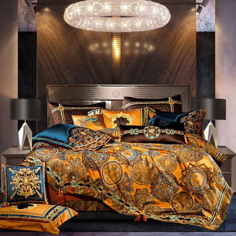 

Luxury European Villa Brocade Bedding Set Jacquard Embroidery Egyptian Cotton Duvet Cover Bedspread Bed Sheet Pillowcases