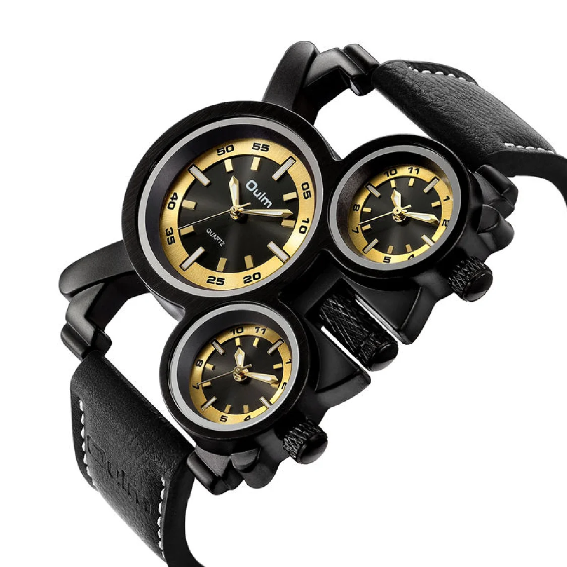 

Oulm Hot Sale Punk Style Male Quartz Watch Unique Design 3 Time Zone Clock Leather Strap Sport Casual Men Wristwatches