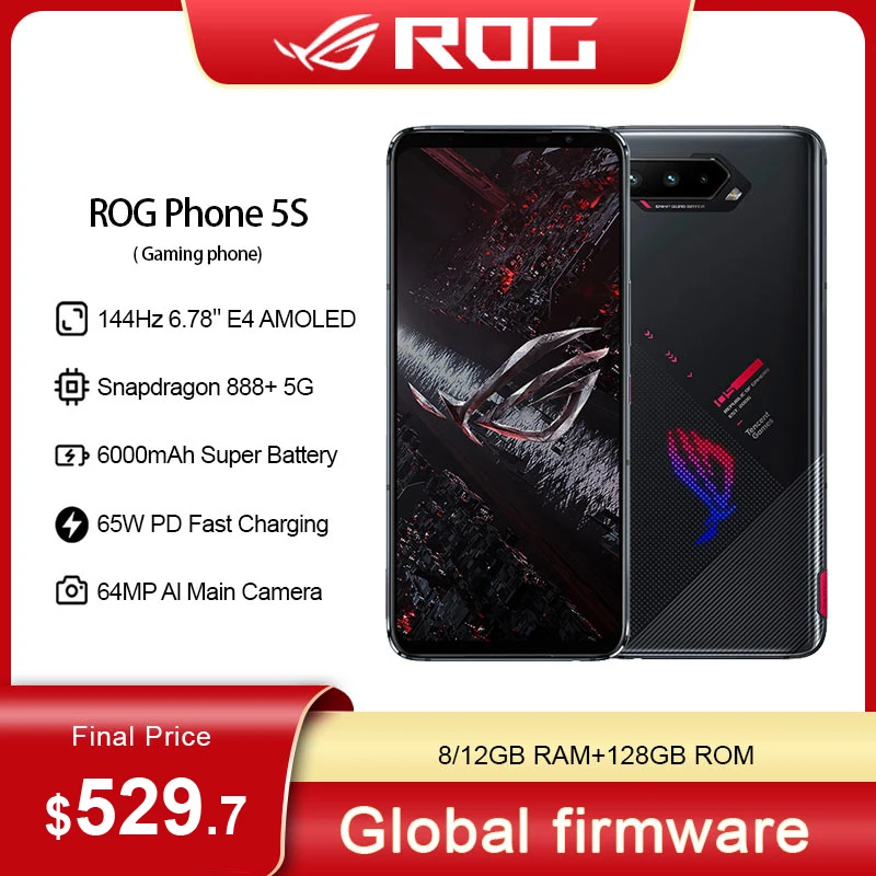 Global ROM ASUS ROG Phone 5S 12GB 128GB SD888+ 6000mAh Battery 144Hz AMOLED FHD 64MP Triple Cameras ROG 5S 5G Game Phone