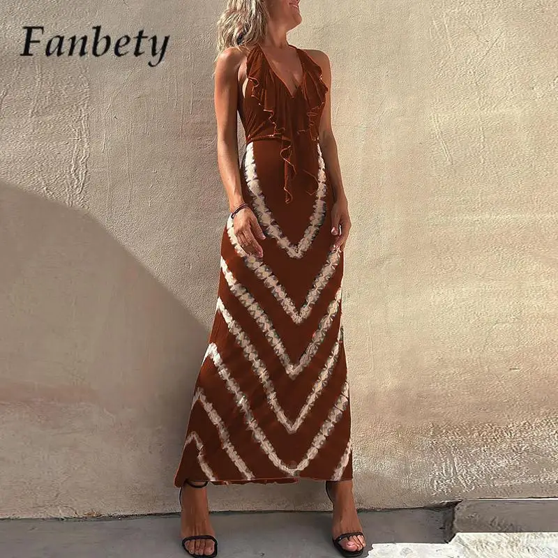 

Women Fashion Pattern Print Long Dress Summer Sexy Sleeveless Slim Fit Beach Dress Ladies Sexy Deep V Neck Ruffle Dress Vestido