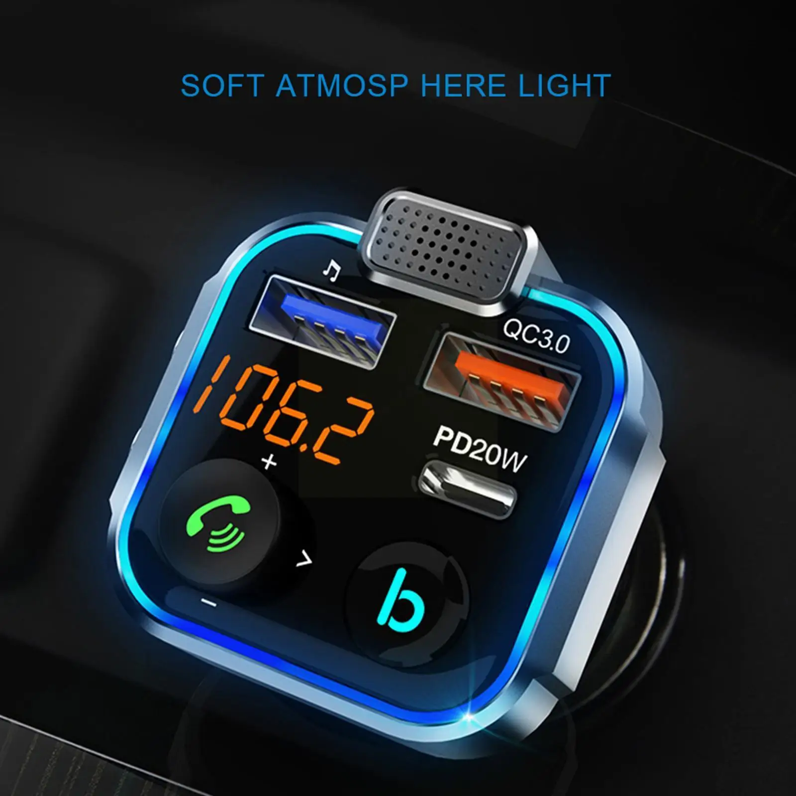 

Car Bluetooth-compatible 5.0 FM Transmitter One Key USB Music Quick Charger Microphone Play Large Player Bass QC3.0 PD20W M G7J4