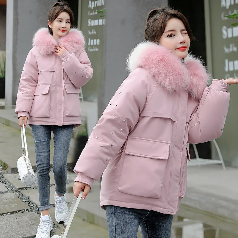 Winter Parkas Women Fashion Fur Collar Hooded Thicker Warm Solid Colors Cotton Coat Jacket with Pocket Zipper 5 Colors Oversize