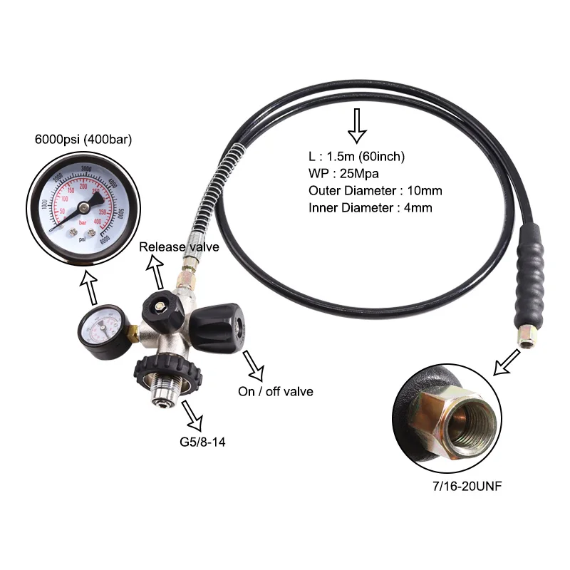 Big diving tank fill station valve 6000Psi Pressure Regulator Fill Station Hose Air Tank G5/8-14 with 7/16-20UNF on off