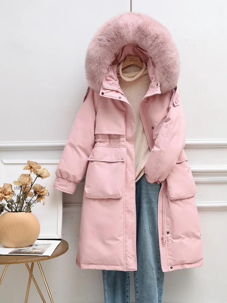 Women Long Down Jacket New Casual Style Fox Fur Collar White Duck Down Jackets Autumn Winter Coats And Parkas Female Outwear