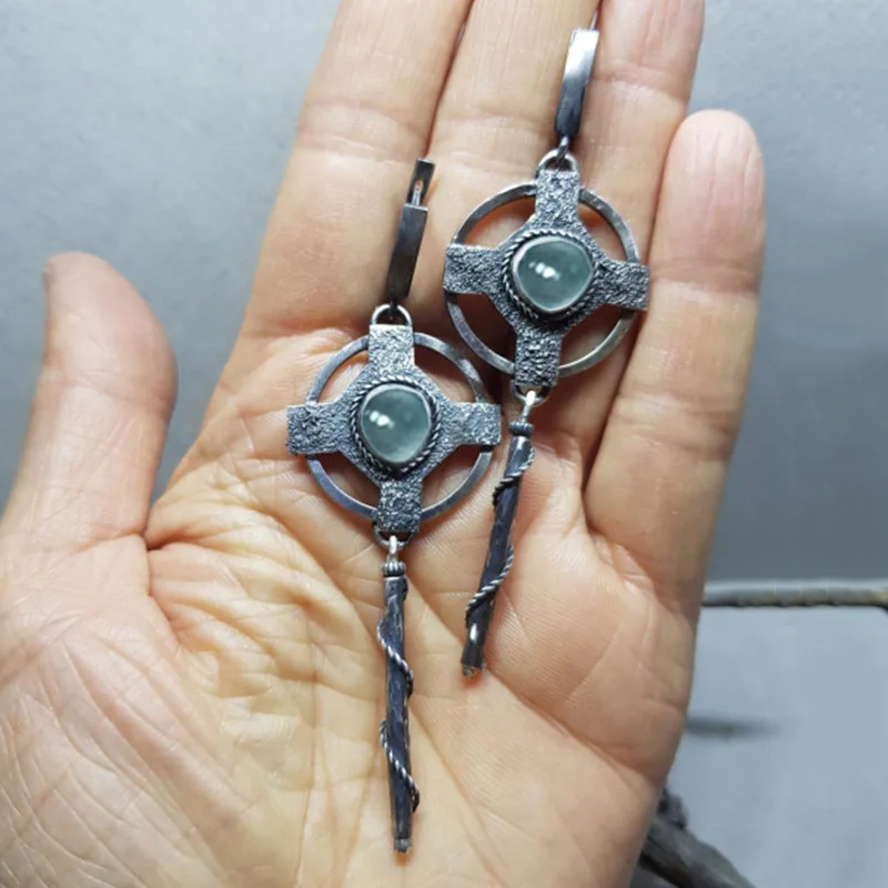 

Geometric Vintage Boho Blue Stone Hook Dangle Earrings Tribal Ethnic Wedding Jewelry Gifts Cross Pendant Earrings New