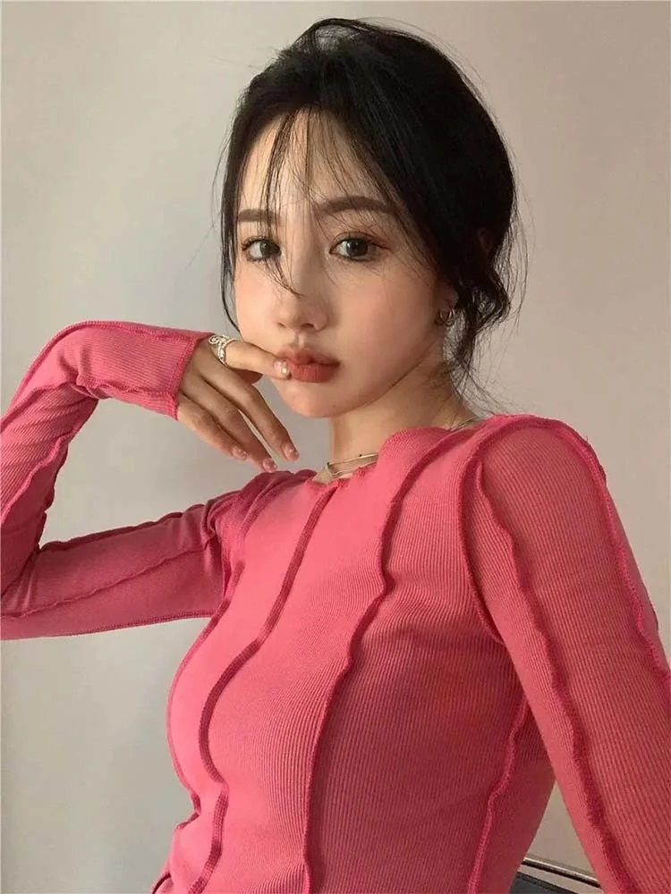 

Женская футболка с длинным рукавом, однотонная элегантная яркая повседневная мягкая футболка с О-образным вырезом и декоративными линиями,...