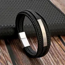 Jiayiqi Punk Men Black Leather Bracelets Cool Design Magnet Clasp Hand-Woven Multilayer Leather Bracelets for Men New Year Gift