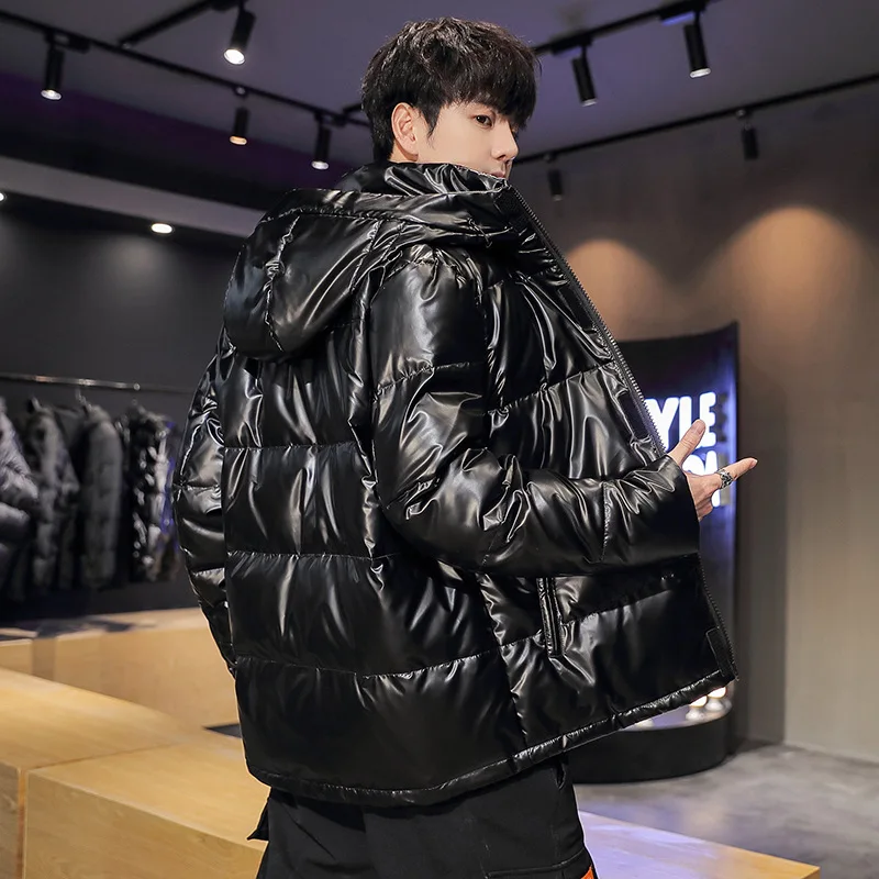 New Winter Shiny Leather jacket Men's Thick Warm Winter Jacket Casual Parka Waterproof Stand-up Collar Hooded Jacket Streetwear