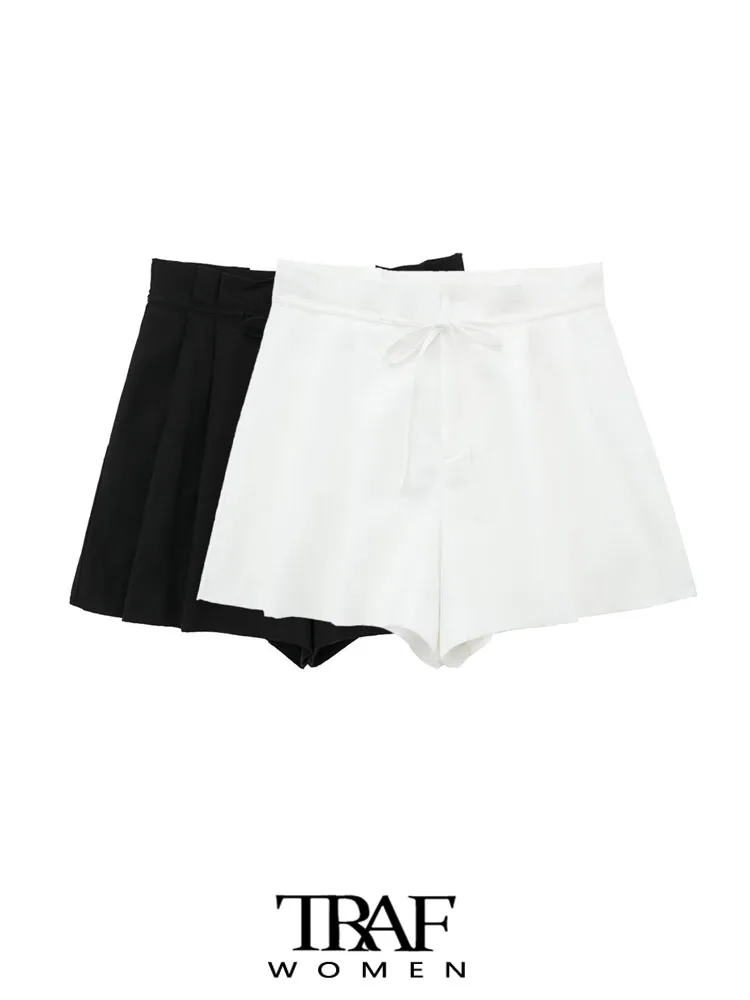 

Шорты-бермуды женские льняные с завышенной талией и боковыми карманами