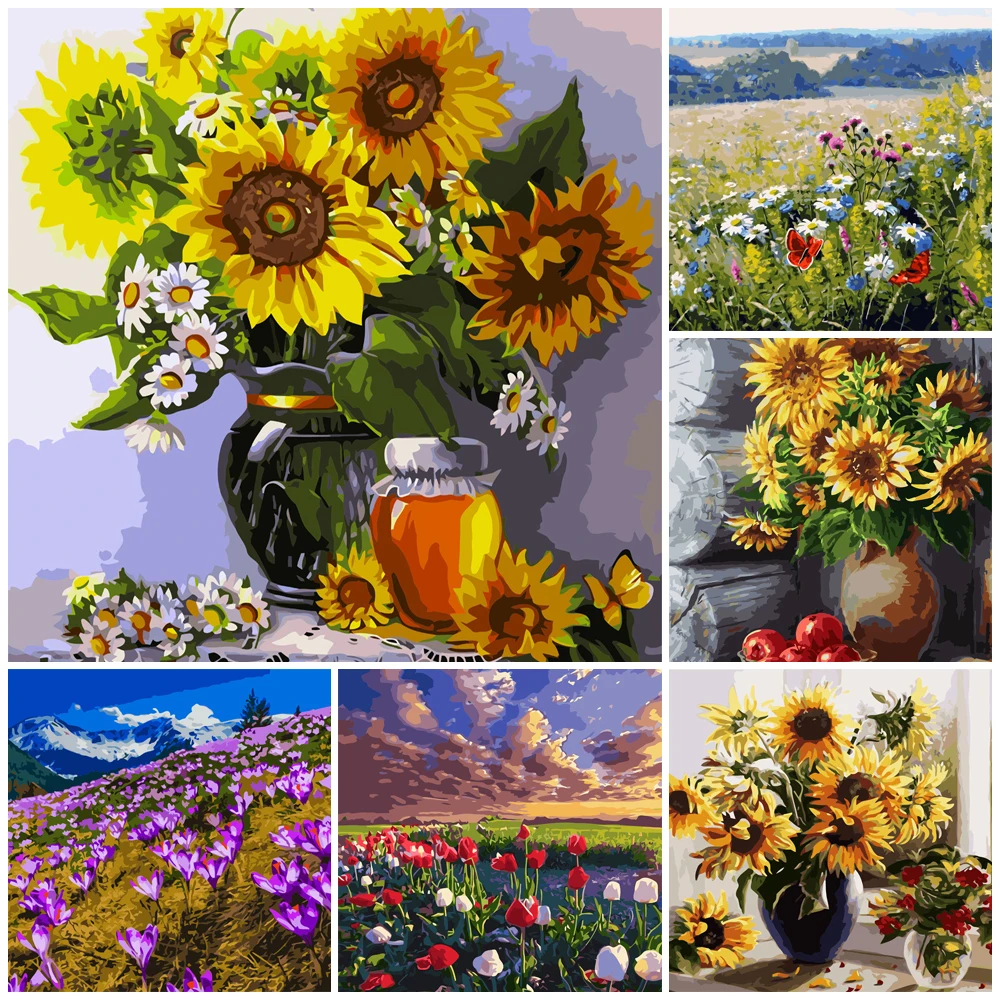 

DIY Painting By Numbers Sunflower Sea 40x50cm HandPainted Oil Painting Drawing On Canvas Kill Time Unique Gift Home Decoration