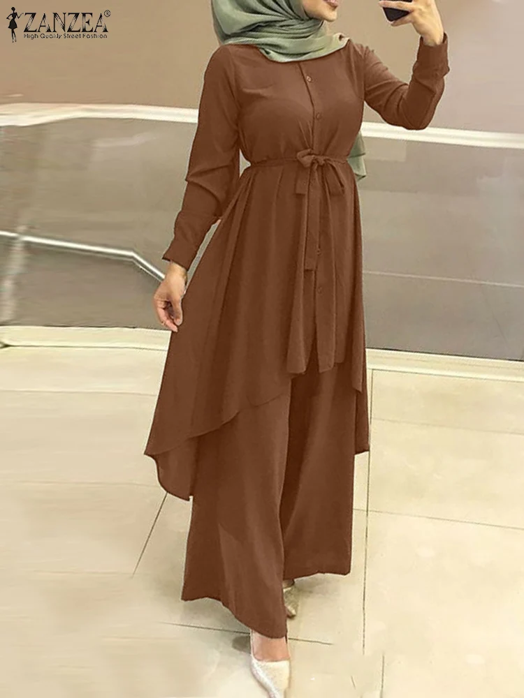 

ZANZEA Asymmetrical Long Sleeve Blouse Tracksuit Women Fashion Muslim Sets Shirt Wide Leg Pant Vintage Casual Elegant Suit 2PCS