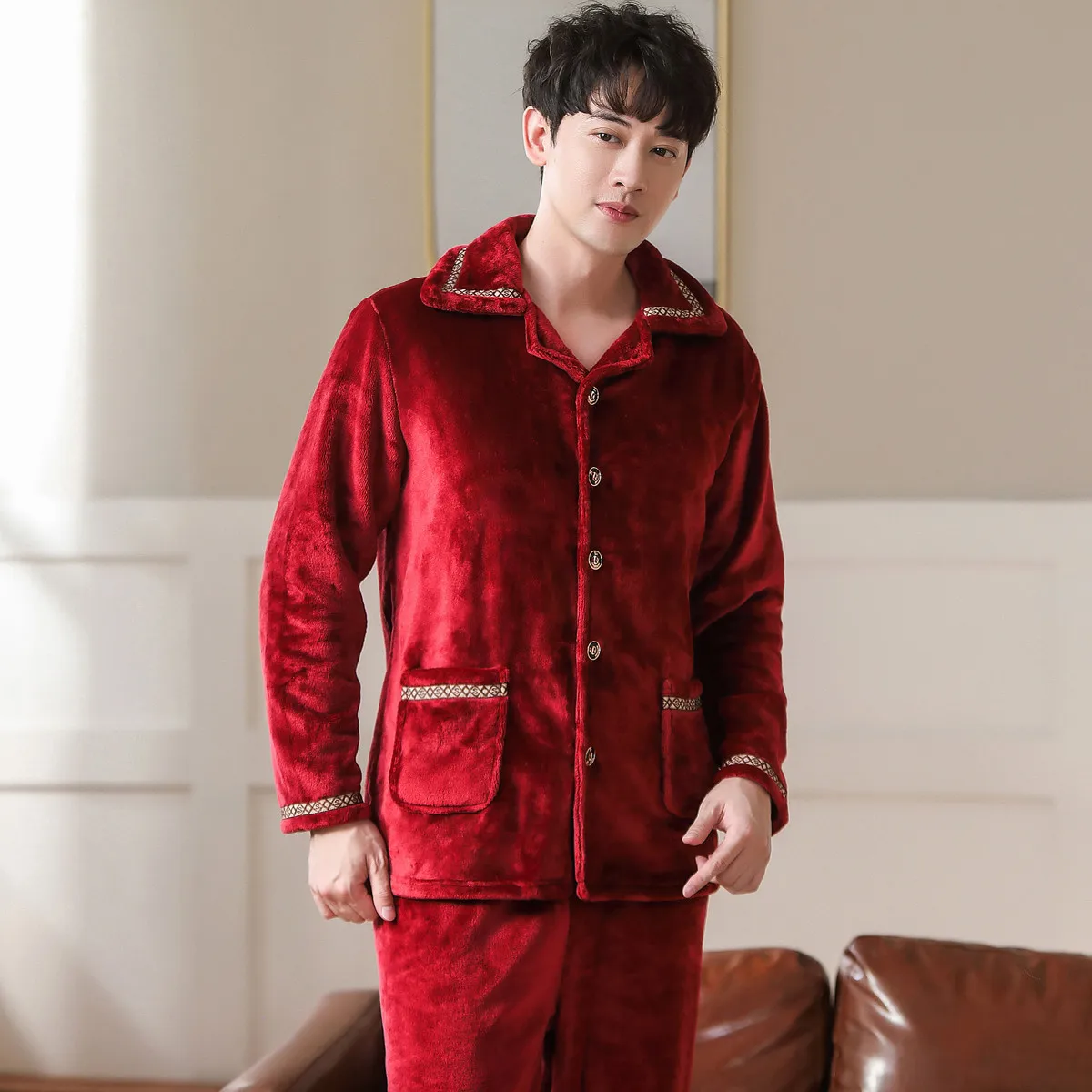 Утолщенная Фланелевая пижама, мужской красный пижамный комплект, одежда для сна с длинным рукавом, пижама, Пижамный костюм, мужской комплек...