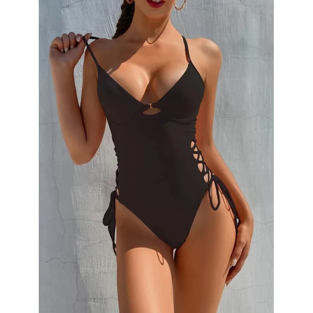 

New Design 2022 Side Split Bandage Swimsuits Sexy V Neck One-piece Swimwear High Waist Backless Bikini Set Women Bathing Suits