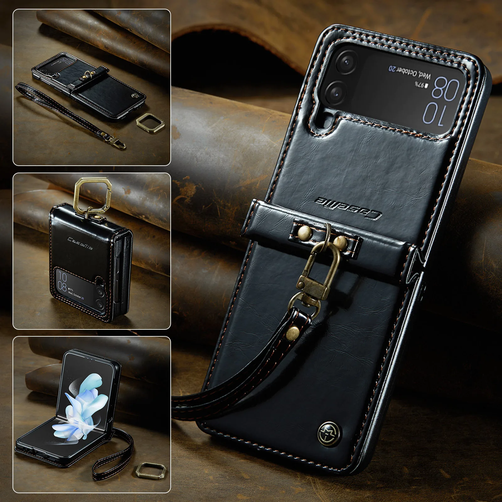 

Чехол для телефона Samsung Galaxy Z Flip 3 4 Flip3 Flip4 5G покрытие петли противоударный защитный кожаный чехол с кольцом и ремешком
