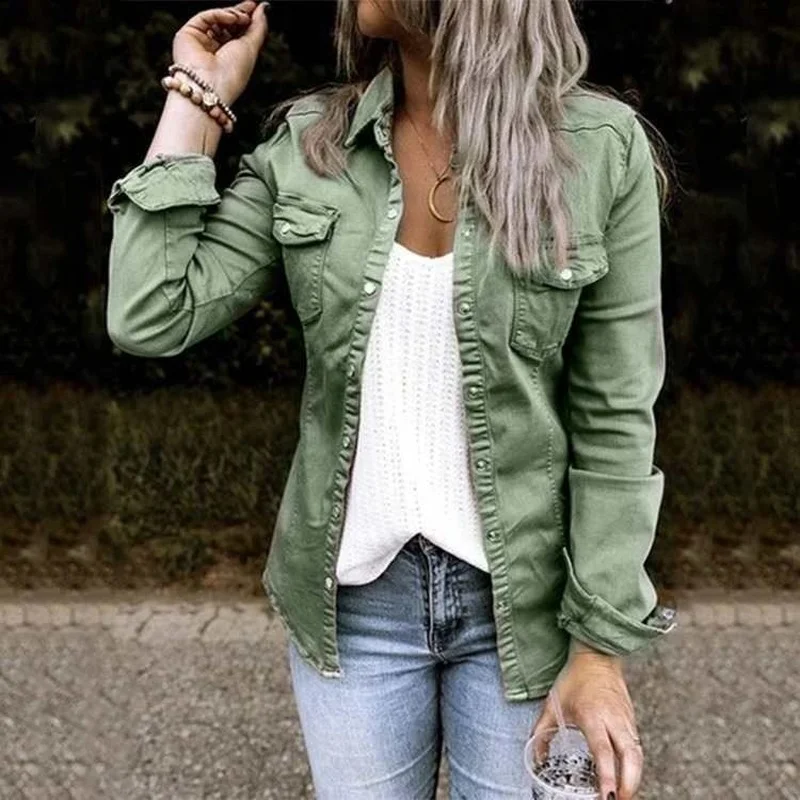 

New 2023 Spring Summer Solid Color Denim Coats Women Female Lapel Buttons Thin Jackets with Pockets Fashion Casual Streetwear