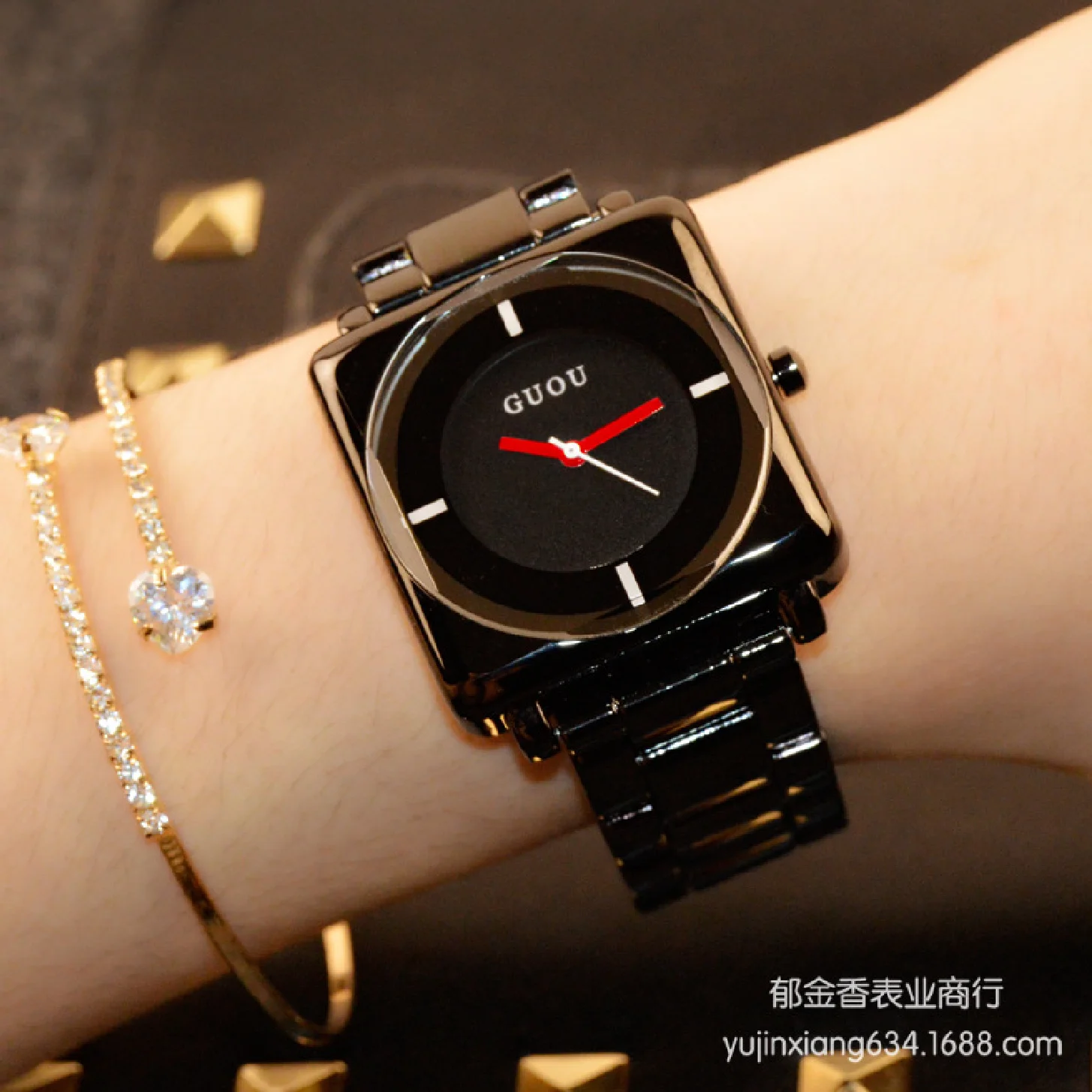 

Fahon GUOU Brand Wristwatches Quartz-watches High-grade Women Watch Rose Gold Black Stainless Steel Joker Square Simple Luxury