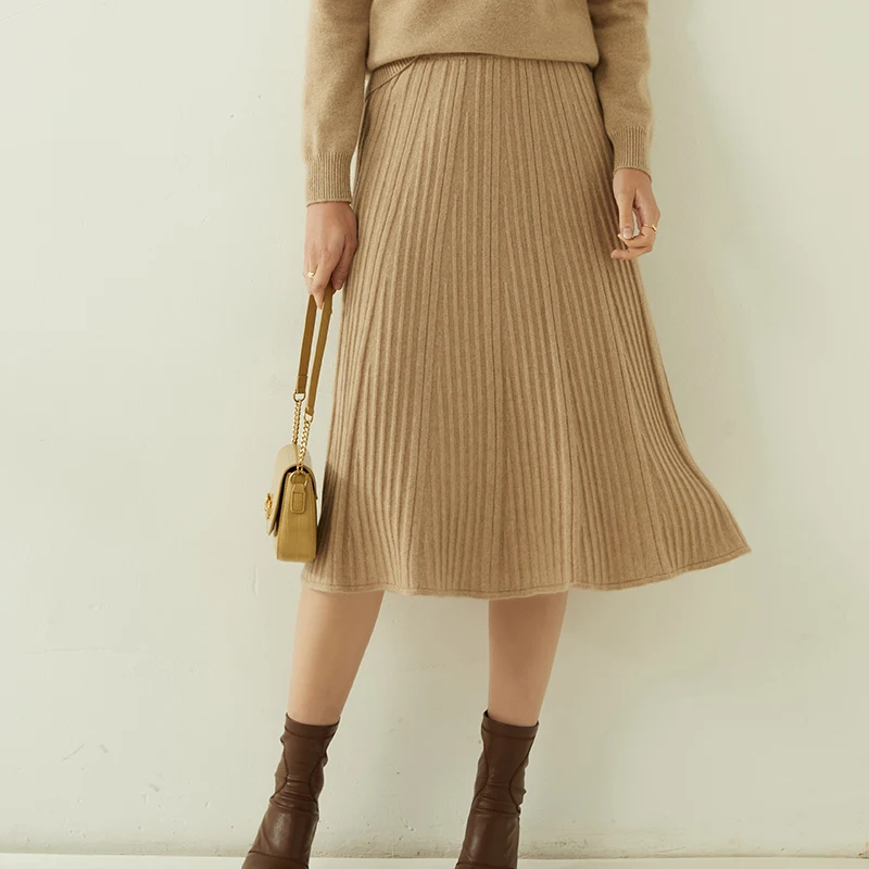 

High-end 2021 Autumn and Winter 100% Cashmere New Women's High Waist Pleated Skirt Fashion A Word Knit Bottomed 6 Colors