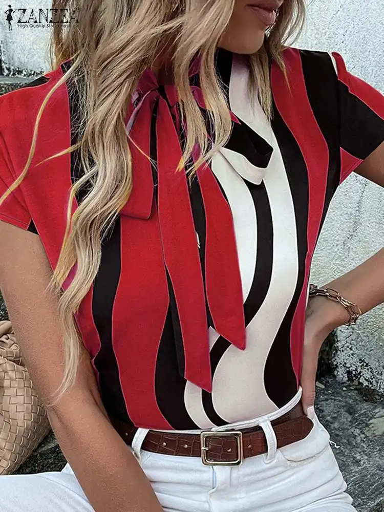 

Модные рубашки с принтом, женские летние блузки ZANZEA 2022, повседневные блузы с коротким рукавом и бантом, женские топы в полоску, сорочка оверс...