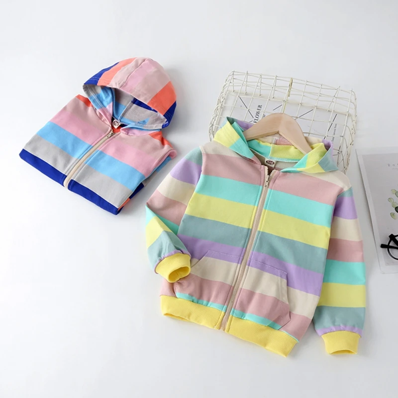 

Girls Jackets Rainbow Stripe Print Baby Cardigan Cotton Autumn Winter Kids Zipper Jacket Hooded Girls Coat Children Outwear
