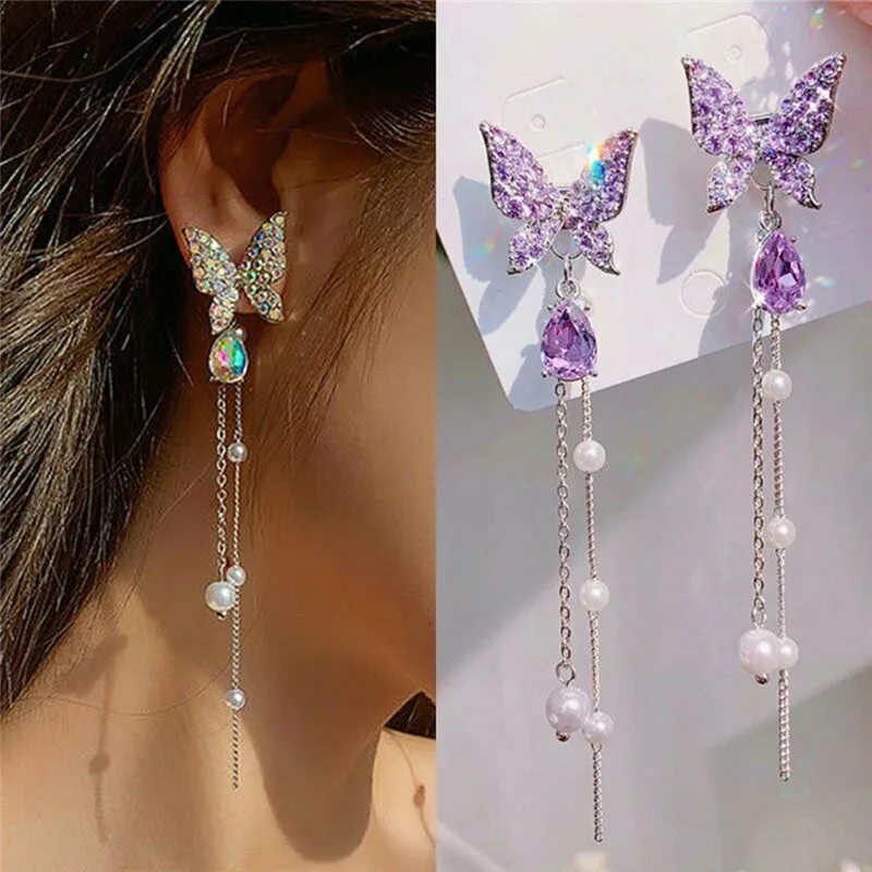 

New Purple Butterfly Earrings Long Pearl Tassel Earrings Fairy Earrings Trend Korea Modern Lady Dangle Earrings