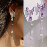 new purple butterfly earrings long pearl tassel earrings fairy earrings trend korea modern lady dangle earrings