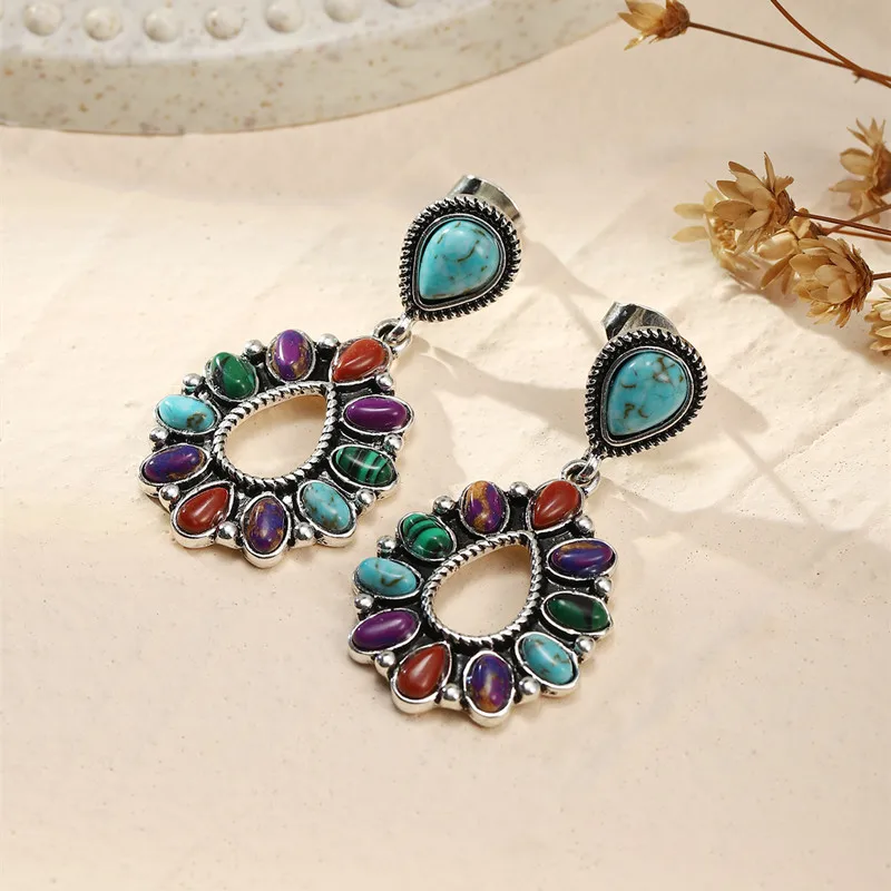 

Exquisite Fashion Hollow Out Water Drop Shape, Symmetrical Inlaid Multicolor Turquoise Earrings, Add Feminine Charm Jewelry