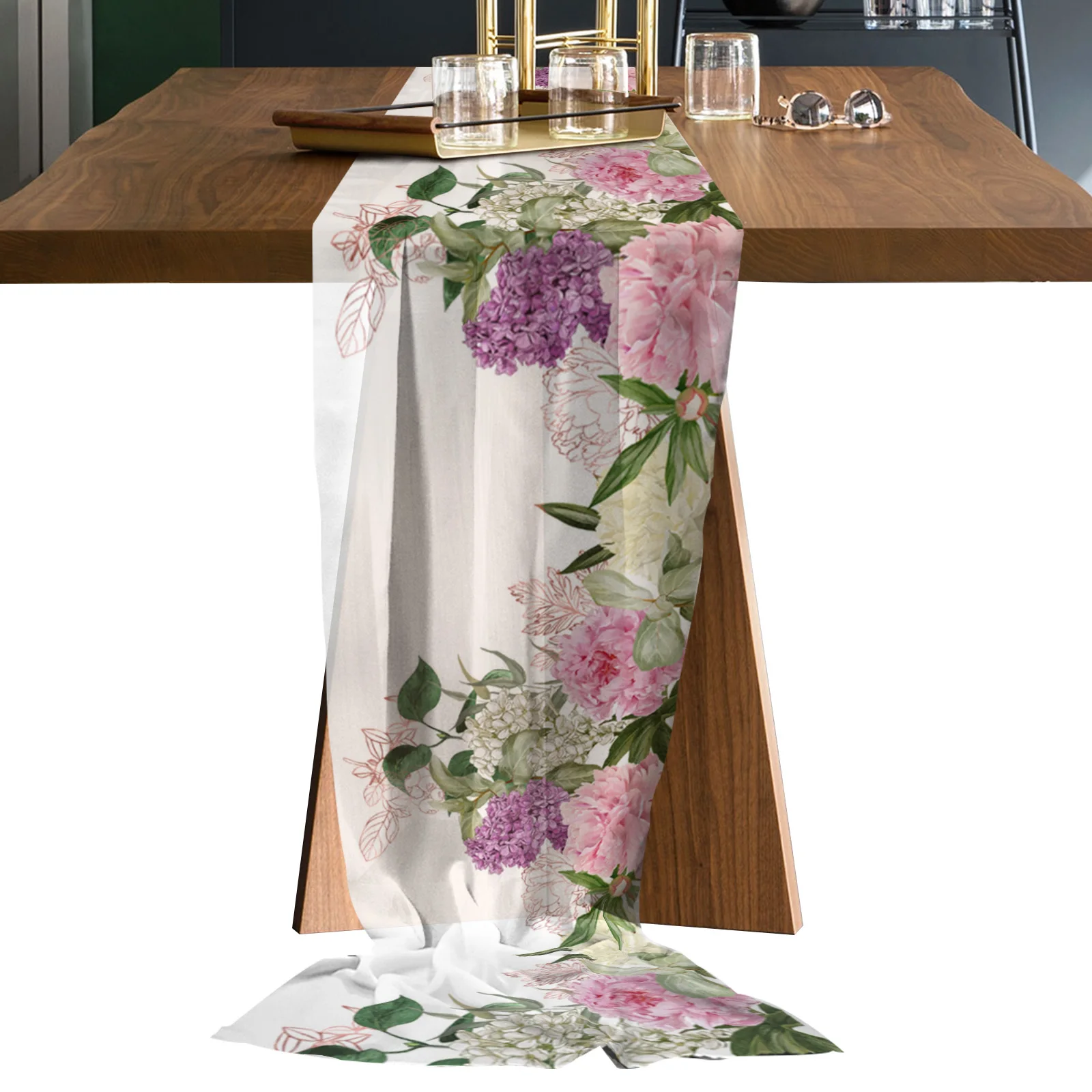 

Lush Peony Rose Floral Fragrance Long Chiffon Table Runner for Wedding Hotel Sheer Tablecloth Kitchen Decor Voile Table Runners