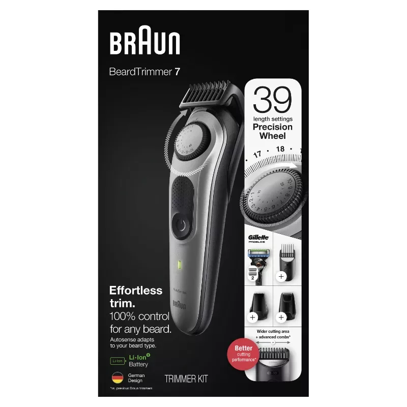 

NEW2023 Braun Beard Trimmer 7, BT7220, Beard Trimmer for Men, Hair Clipper, Lifetime Sharp Metal Blades, 39 Length Settings, Spa