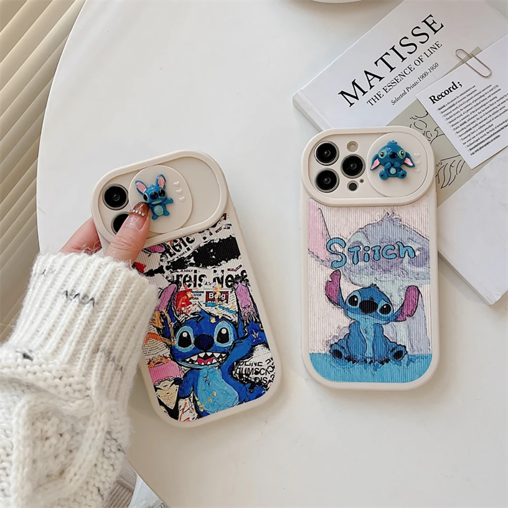 

Cartoon Disney Stitch with Sliding Window Phone Case for IPhone 14 13 12 11 Pro Max 14 Pro Couple Anti-drop Back Cover Fundas