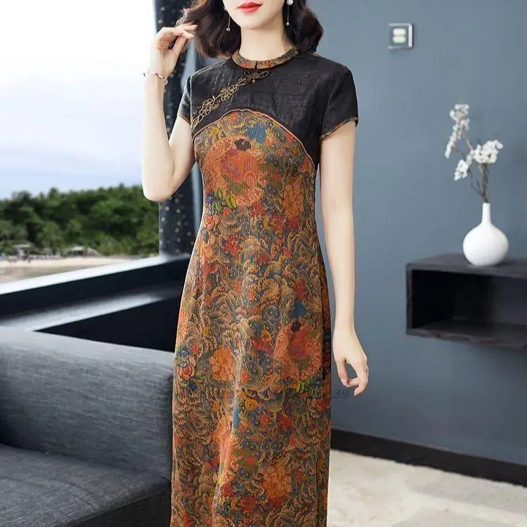 

2022 lady party dress oriental women's lace cheongsam chinese style elegant qipao flower print chiffon chinese traditional dress