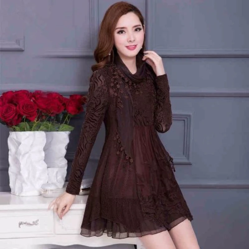 

Woman Lace Print Long Sleeve Casual T-shirt Top Female Spring New Lace Mesh Bottoming Shirt Ladies Fashion Mesh Flower Tops G429