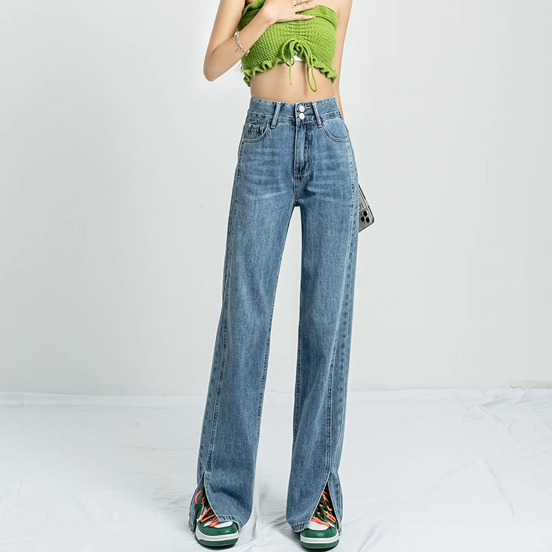 

Straight Jeans Women's Fashion Korean Style High Waist Split Micro-flare Pants Loose Wide Leg Drapey Female Denim Trousers