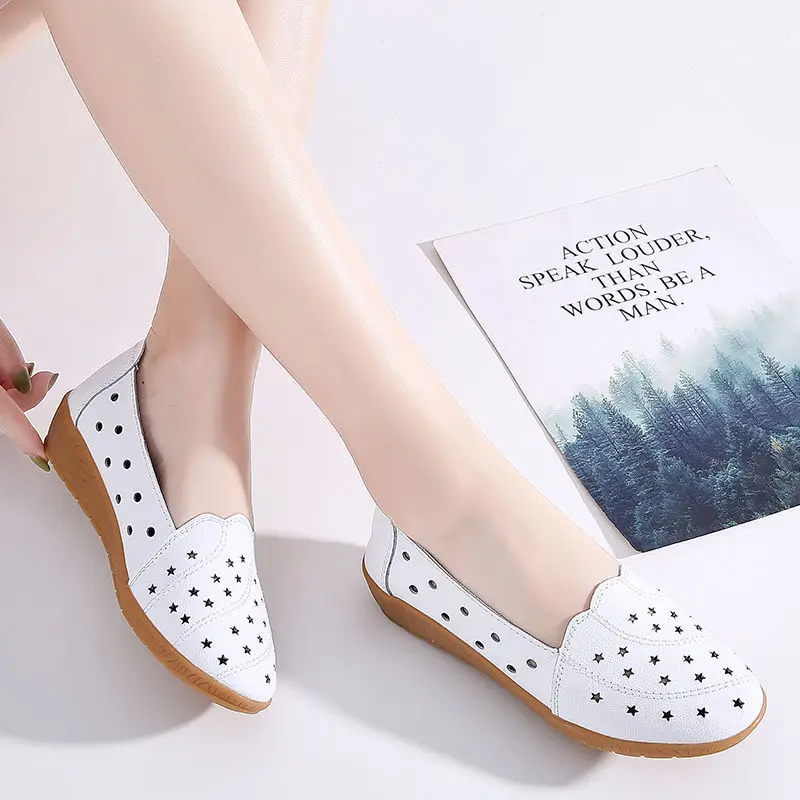 Breathable Woman Flats Summer Loafers White Shoes Ladies Office Walking Moccasins Women's Flat Boat Shoes Female Peas Shoes